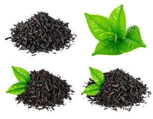 Arrangement of loose tea leaves and vibrant green tea leaves