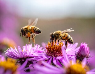 Bees Gathering Pollen on Purple Flowers - A Vibrant Nature Scene.