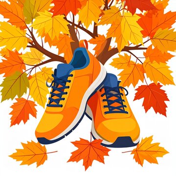 Autumnal Running Shoes Amidst Vibrant Fall Foliage - A Seasonal Scene.