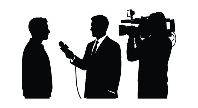 A black silhouette depicts a reporter interviewing a man while a cameraman films on transparent background silhouette high quality professional detailed