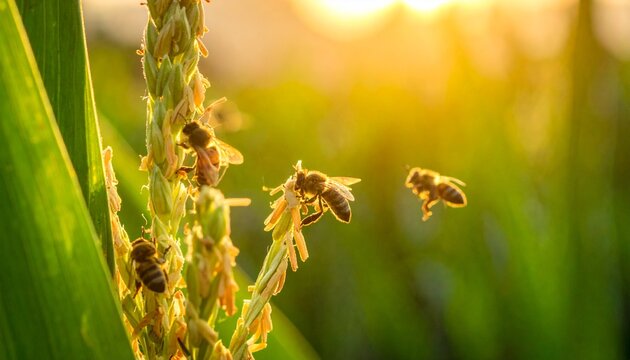 Bees Pollinating Corn Plant in Sunlight - A Close-Up View of Natures Harmony.