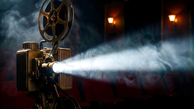 Vintage film projector casting a bright beam of light through atmospheric smoke inside a dark, classic movie theater setting