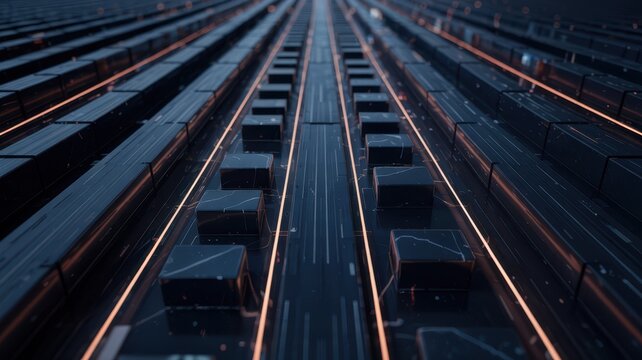 High Tech Fintech UI Background With AI Data Highway Grid. Parallel luminous channels over digital surface, expressing high speed processing and scalable financial infrastructure.