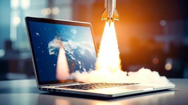 Laptop screen displays Earth as rocket launches with bright fiery exhaust