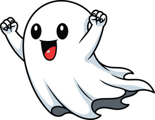 Obraz premium Cute cartoon ghost illustration – playful Halloween character with happy face, raised arms, and cheerful design in flat vector style for festive themes