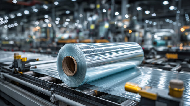 Industrial plastic film production with transparent roll on modern factory line