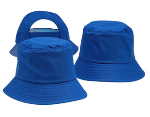 Three blue bucket hats, one with a carry loop, isolated on black