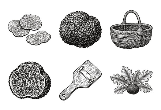 Black truffle mushroom collection featuring hand drawn engraving style illustrations of whole fungi cross sections basket and slicer