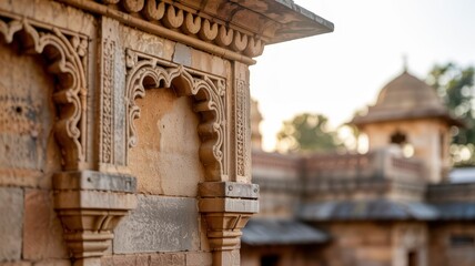 Obraz premium Structural Minimal Sandstone Ornament With Temple Background. Carved architectural detail expressing craftsmanship and cultural continuity.