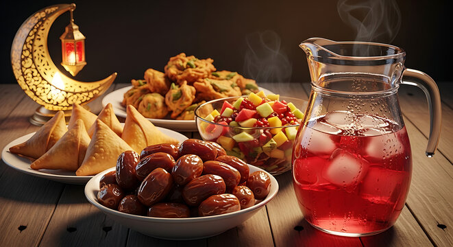 Traditional Iftar Table with Dates, Samosas, and Refreshing Rooh Afza for Ramadan Kareem