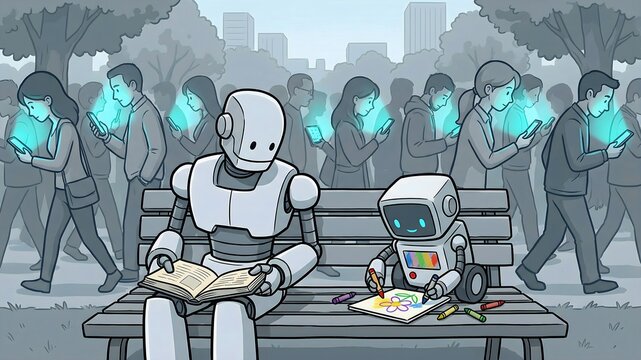Two friendly robots engage in traditional activities like reading and drawing on a park bench contrasting with oblivious smartphone users walking by