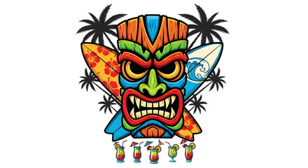 Colorful tiki mask with surfboards and tropical isolated on a transparent background