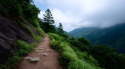 Obraz premium Scenic mountain path winding through lush greenery and misty valleys