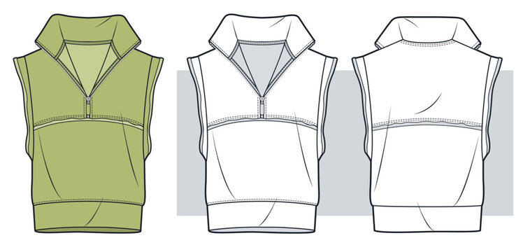 Sleeveless Half Zip Sweatshirt Technical Flat Sketch. Jersey Vest Fashion Flat Technical Draving Template, front and back view, white, olive green, raw edges, women, men, unisex CAD mockup.
