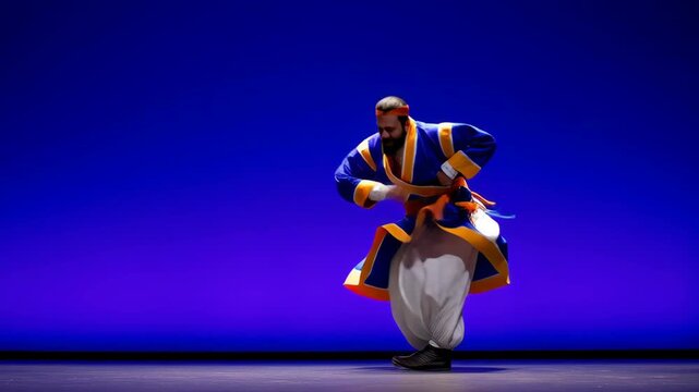 Dynamic Bhangra Dance Performance Featuring Traditional Punjabi Costume on Stage with Blue Background