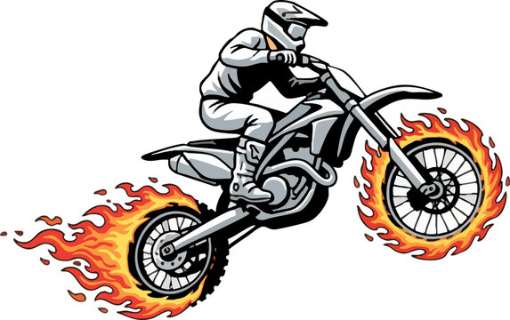 Dynamic Motocross Rider Jumping with Flaming Wheels Graphic