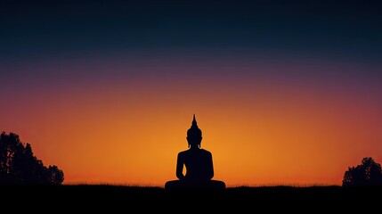 Obraz premium Serene Buddha Silhouette Against Vibrant Sunset Sky with Tranquil Atmosphere Reflecting Peace and Spirituality in Nature's Beauty