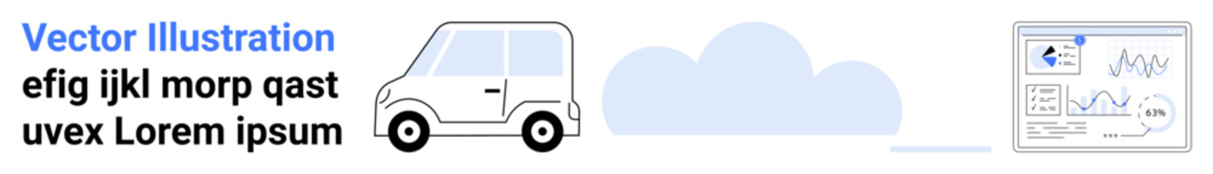Logistics, technology, cloud solutions, data tracking, transportation, digital analysis. Delivery van next to cloud and data chart. Logistics and technology illustrated with cloud computing