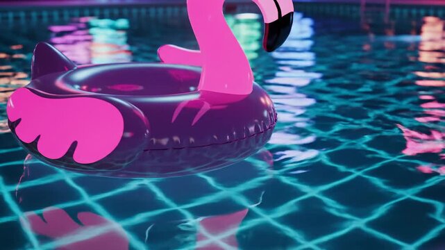 Vibrant Pink Flamingo Float Bobbing in Neon Lit Swimming Pool at Night