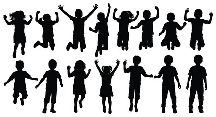 Fototapeta premium A collection of jumping children silhouettes in various poses ideal for design projects on transparent background high quality professional detailed modern