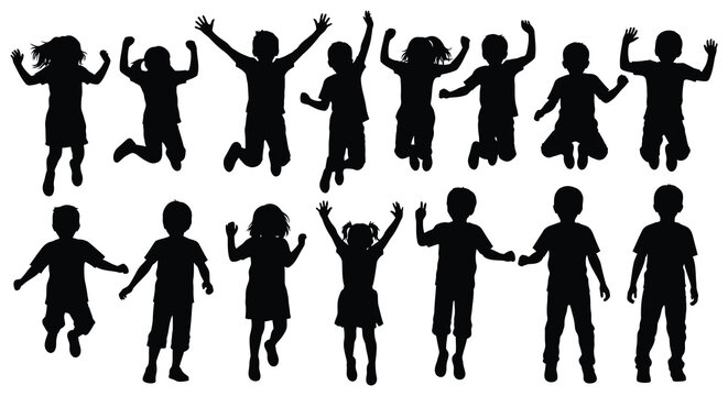 A collection of jumping children silhouettes in various poses ideal for design projects on transparent background high quality professional detailed modern