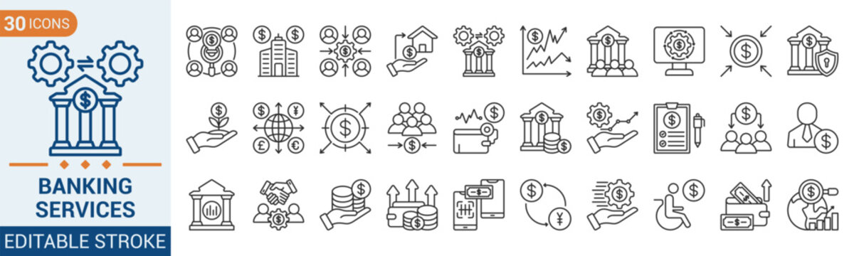 Banking Services outline style icon set editable stroke. Containing bank, advisor, money, insurance, foreign exchange, mutual funds and more. Vector illustration eps 10