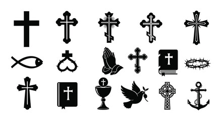 A collection of religious symbols including crosses a fish and a dove in black silhouette on transparent background high quality professional