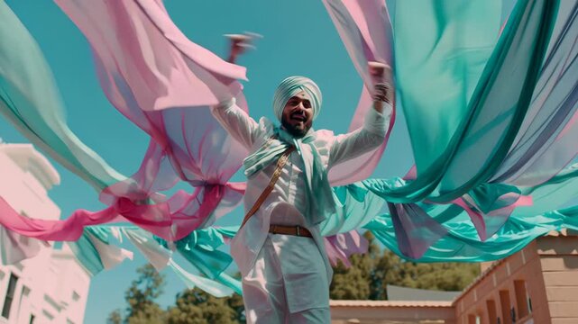 Vibrant Bhangra Dance Performance with Colorful Fabrics and Traditional Attire in Outdoor Festival Scene