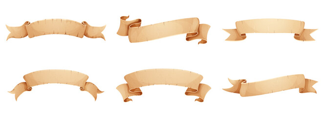 Set of parchment scrolls with rolled end. Vintage old paper sheet with ripped torn edges surface, map, book blank . Antique ragged worn paper texture