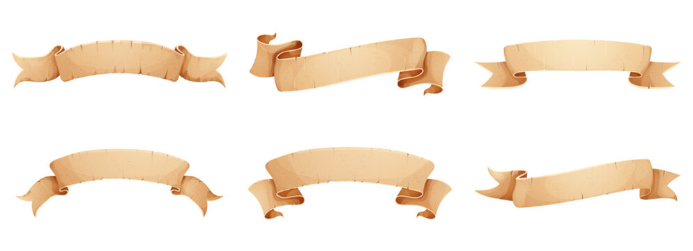 Set of parchment scrolls with rolled end. Vintage old paper sheet with ripped torn edges surface, map, book blank . Antique ragged worn paper texture