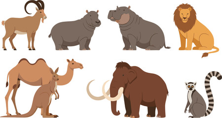 Wild Safari and Prehistoric Animal Vector Set with Lion Hippopotamus Camel Mammoth Lemur and Exotic Wildlife Illustrations © MstSuborna