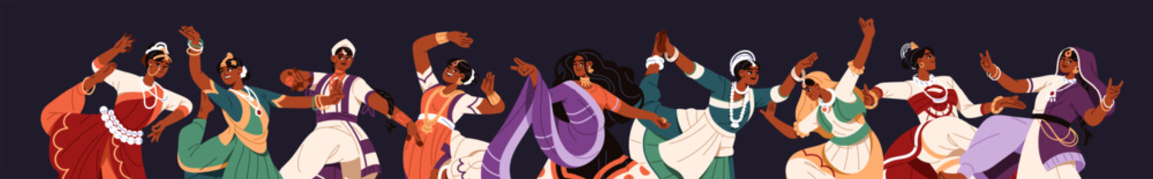 Group of happy Hindus in decorated ethnic dress dances. Banner with performing Indian women in national sari. Girls dancers of India move with music together. Flat isolated vector illustration