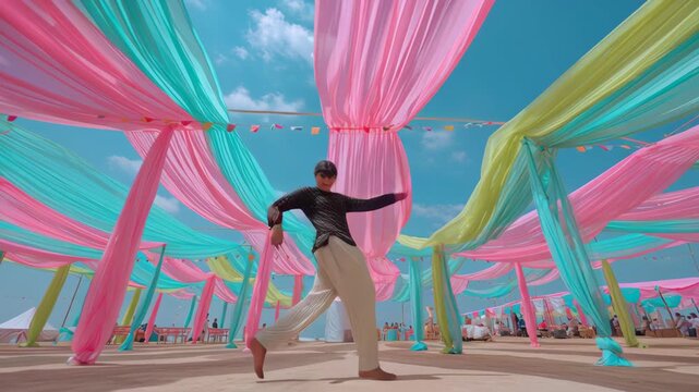 Vibrant Bhangra Dance Performance Under Colorful Draped Canopies at Outdoor Cultural Festival