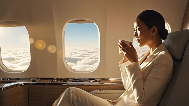 Elegant Asian businesswoman relaxing on a luxurious private jet above the clouds, looking out for exclusive travel concept and aspirational success