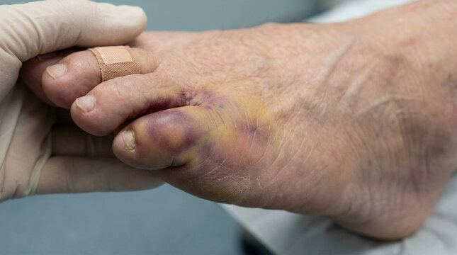 Bruised foot with broken toe and nail discoloration receiving medical treatment for painful injury and trauma