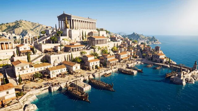 Aerial View Of Ancient Greek Coastal City With Harbor And Temples