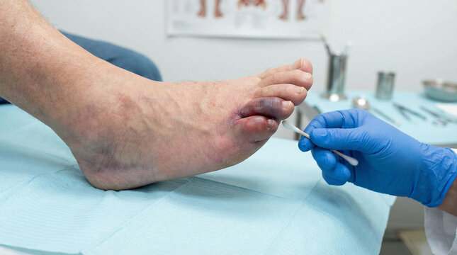 A bruised foot with a broken toe receiving medical treatment for a painful nail injury