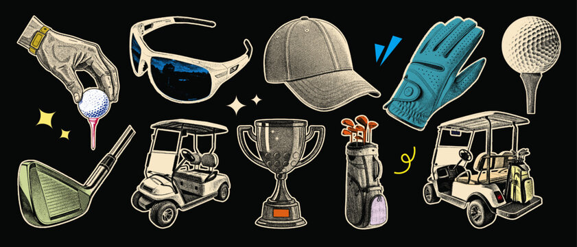 set of golf equipment halftone collage art cutouts. Golf Cap, Hand Placing Golf Ball, Golf Bag, Trophy Cup, Golf Glove, Sunglass, Golf Cart. with dot texture for scrapbook. grunge illustration.