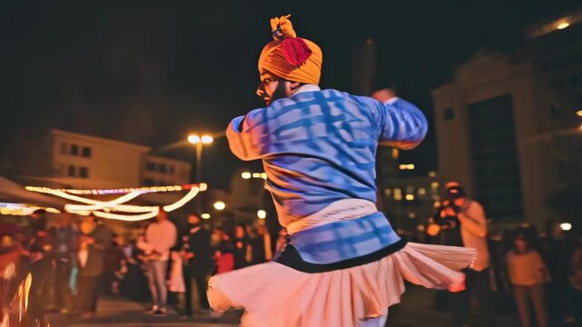 Vibrant Bhangra Dance Performance at Night with Traditional Attire and Dynamic Movement in a Festive Cultural Celebration