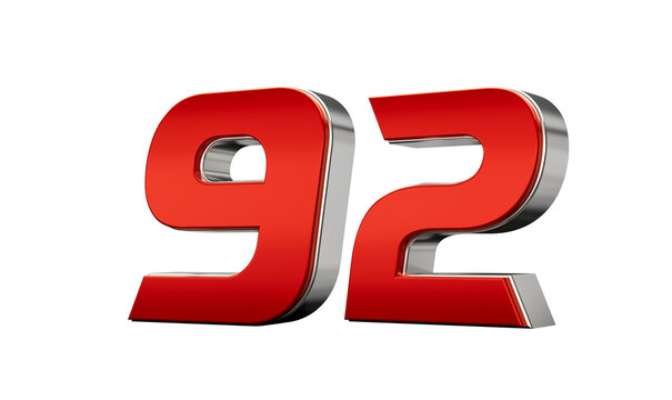 Metallic Red number 92 Ninety two with a glossy finish and reflective silver edges. 3d illustration