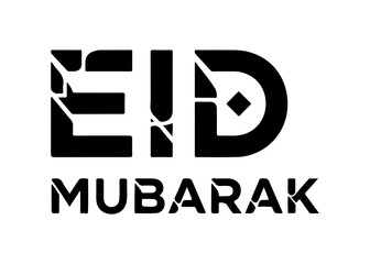 Modern stylized text graphic for Eid Mubarak greeting, featuring bold black lettering with abstract design elements.