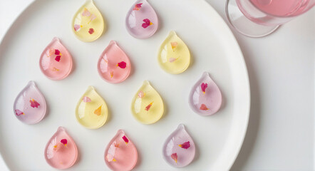 creative jelly dessert with flower petals on white plate. Sweet jelly raindrop shape snack for spring and Summer celebration party.