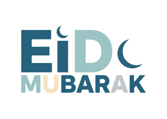 Eid Mubarak greeting with stylized text and crescent moons, celebrating Islamic festival.