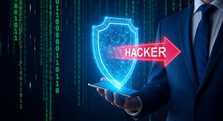 Cyber Security Threat Concept with Hacker Warning Shield