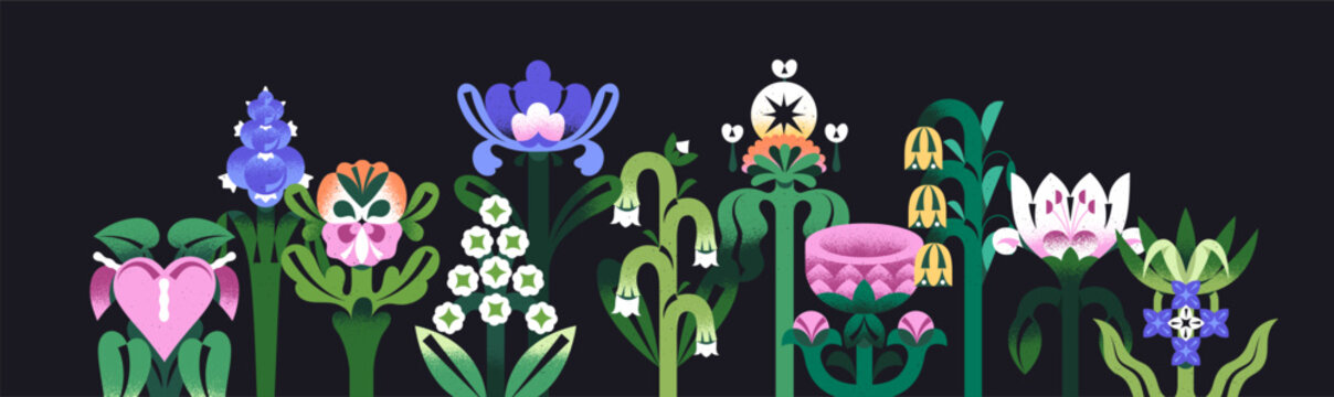Abstract flower with different geometric and irregular shapes on banner. Various wildflowers in symmetrical and whimsical styles. Blooming meadow plants with leaves. Flat isolated vector illustration
