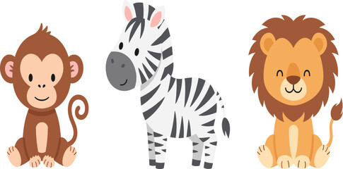 Fototapeta premium Cute Cartoon Safari Animal Vector Set with Monkey Zebra and Lion Characters for Kids Nursery Illustrations and Educational Designs