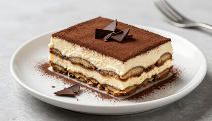 Classic Italian tiramisu dessert on white plate. Traditional multilayer cake with cocoa powder and chocolate