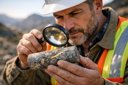 Professional geologist examining rock core sample with magnifying glass for gold veins. Mining exploration and science concept in rugged field environment.