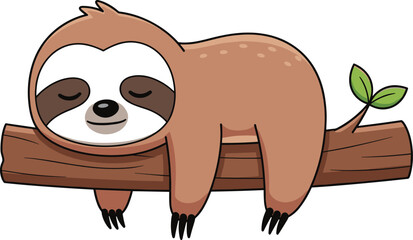 Obraz premium Cute sloth cartoon illustration – sleepy jungle animal resting on tree branch with green leaves, peaceful smile, and whimsical design in vector style