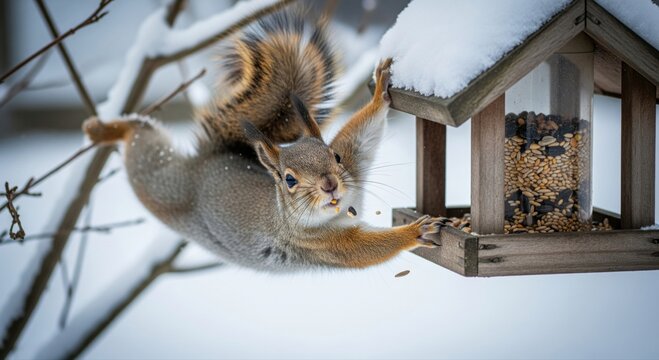 Funny squirrel thief stretching to reach bird food. Persistent rodent climbing on a hanging bird feeder with a guilty expression. Garden pest control concept.